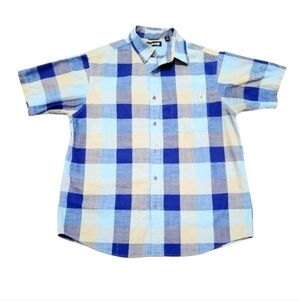 Solaris Men's Plaid Short Sleeve Button-Up Shirt Size M Blue Beige 100% Cotton